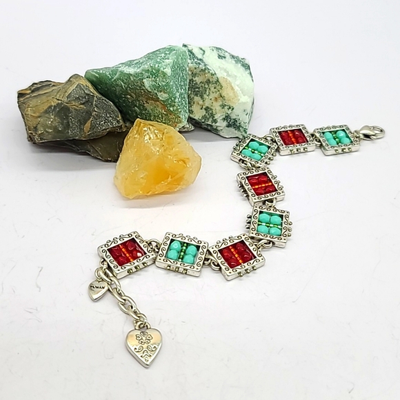 Brighton "BEDAZZLED" Red & Turquoise Crystal Beads & Heart Charm Link Bracelet! - Picture 10 of 10